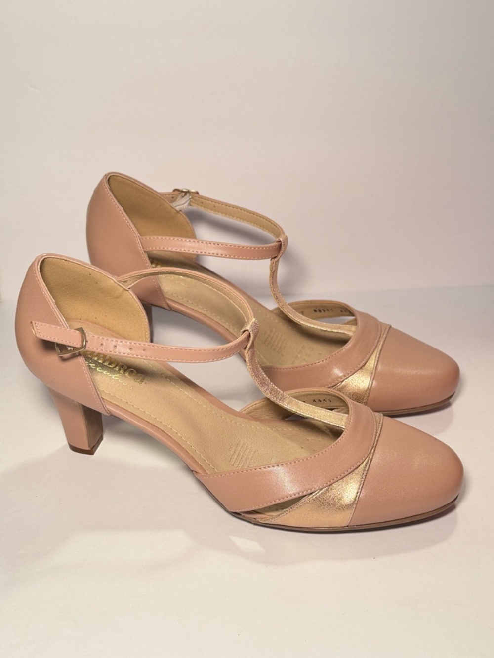 Women's Pink T-Strap Mid Heel Pumps